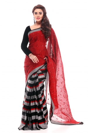 Red & black mercerized cotton saree 