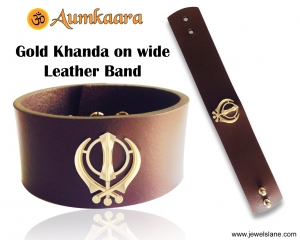Gold Khanda on wide Leather Band