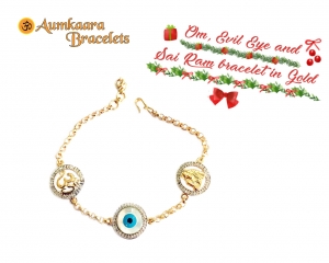 Om, Evil Eye and Sai Ram bracelet with 14mm charms in Gold