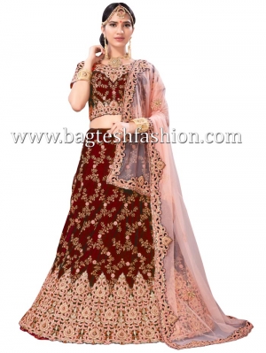 Delightful Red Velvet Embroidered Lehenga Choli